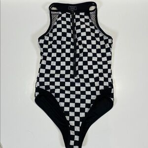 Midnight Hour Checkerboard Zip Front One Piece Swimsuit Women’s size S